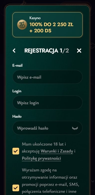 cashed casino rejestracja krok1