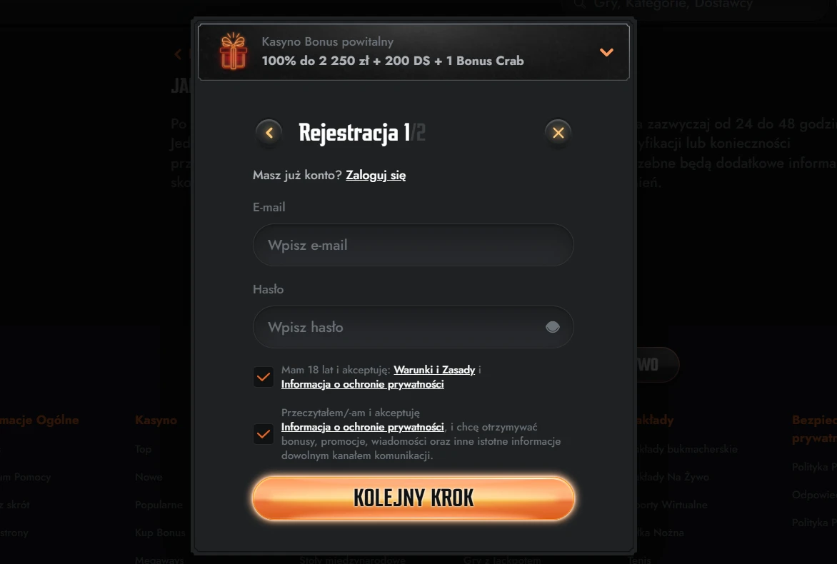 Proces rejestracji w kasynie Gransino